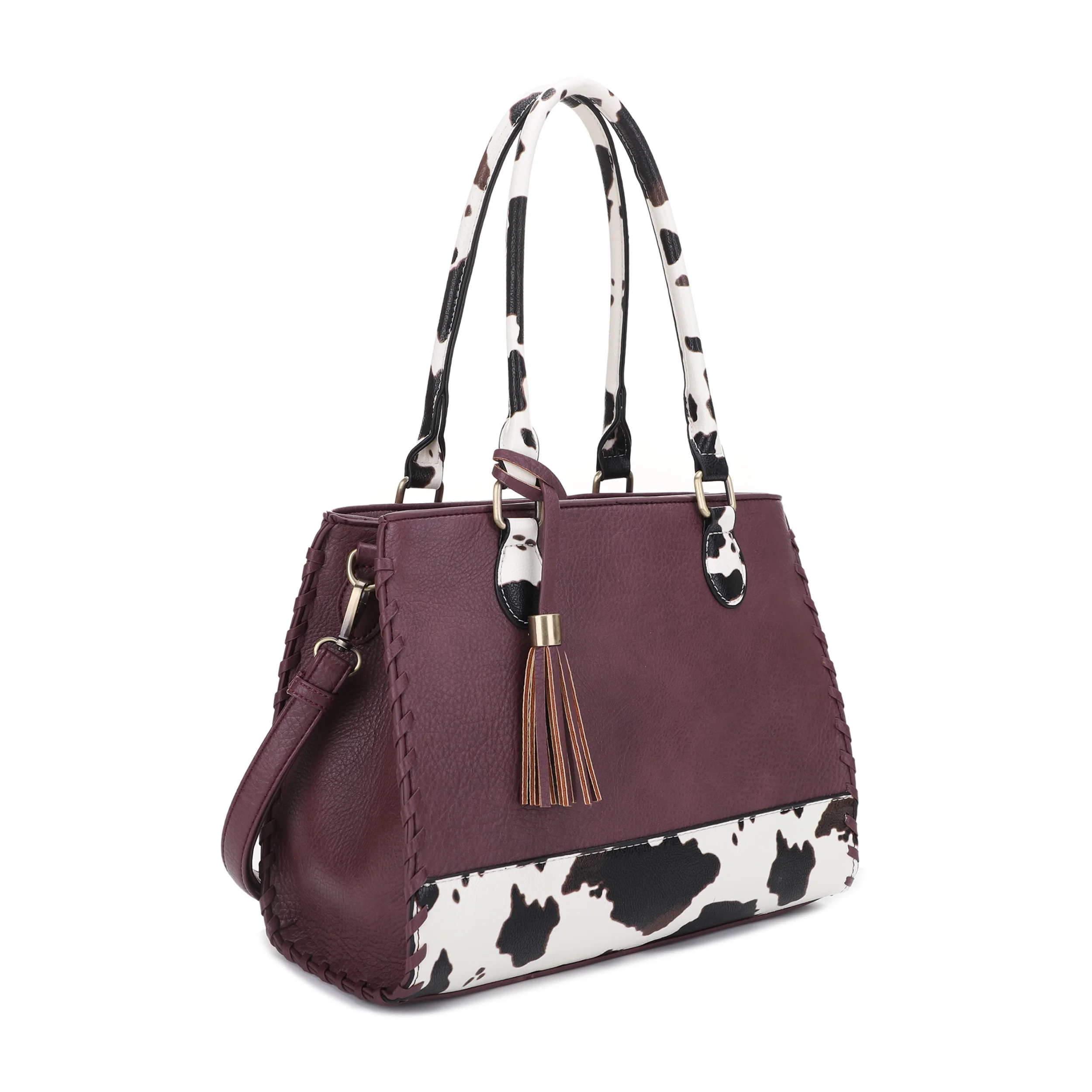Montana Concealed Carry Lock and Key Whipstitch Cow Print Satchel Bag with Tassel - Image 11