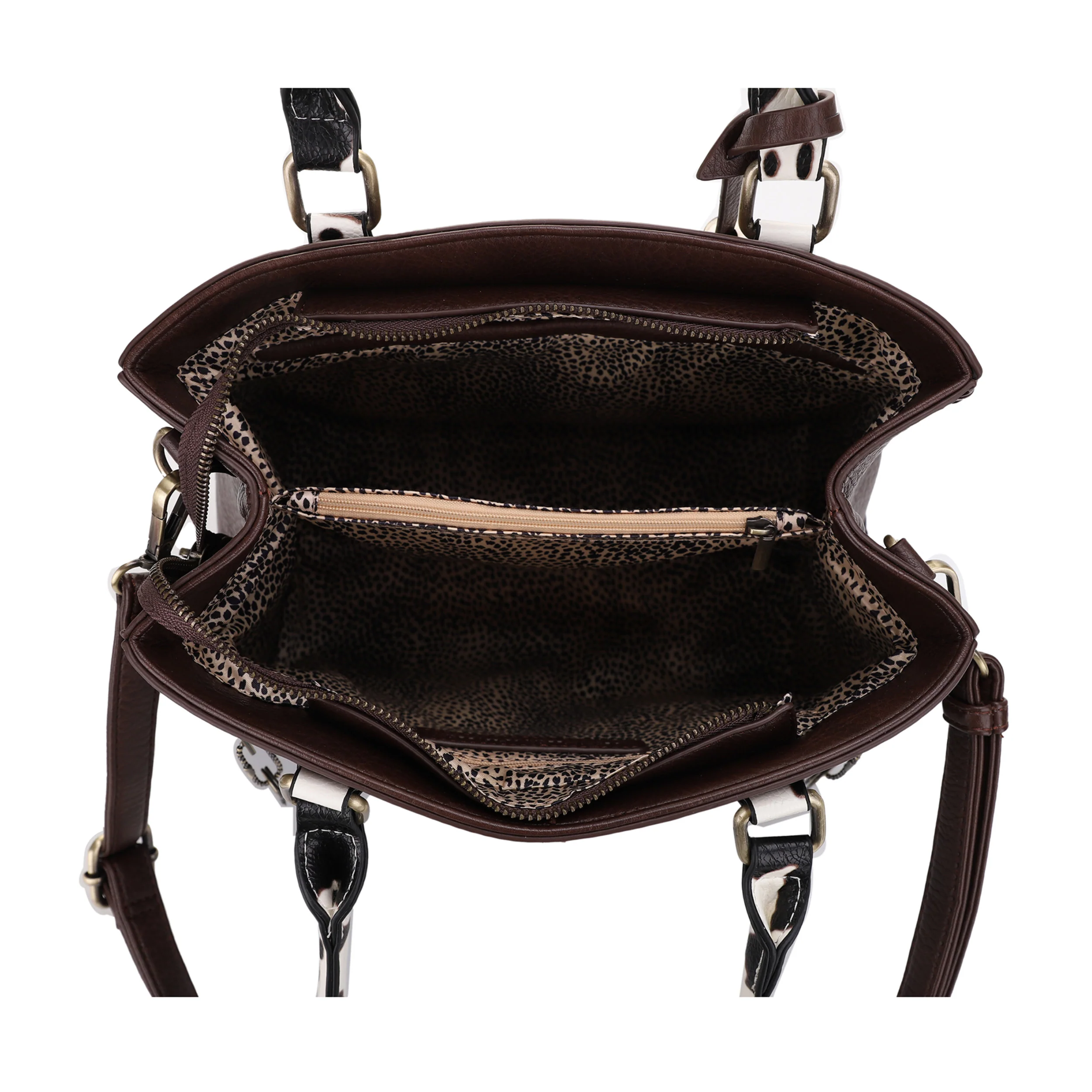 Montana Concealed Carry Lock and Key Whipstitch Cow Print Satchel Bag with Tassel - Image 14
