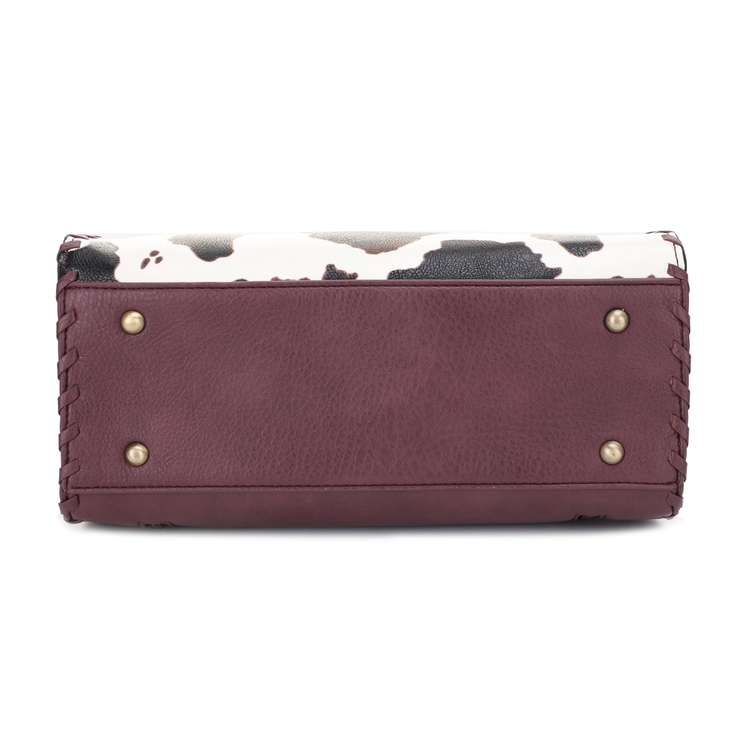 Montana Concealed Carry Lock and Key Whipstitch Cow Print Satchel Bag with Tassel - Image 16