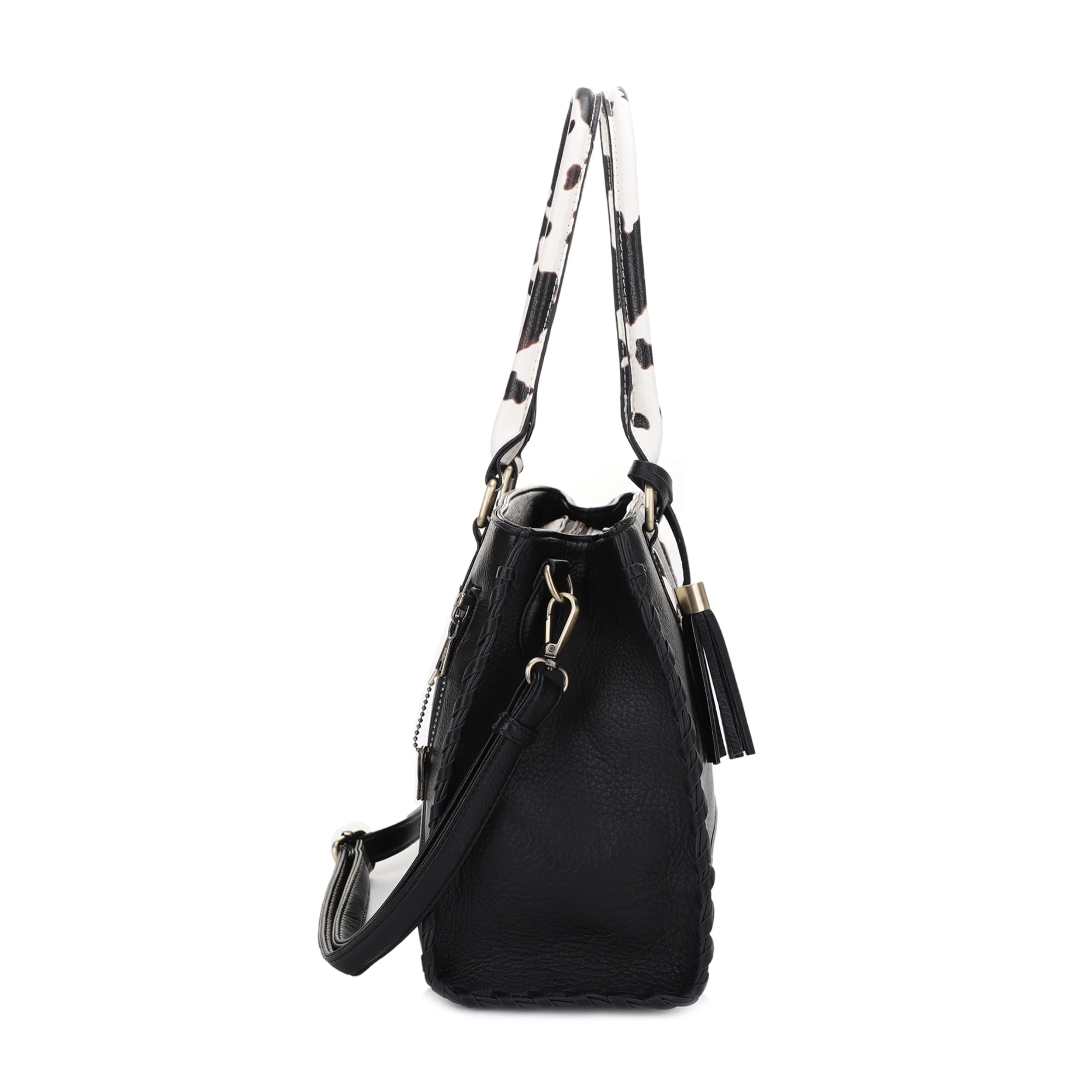 Montana Concealed Carry Lock and Key Whipstitch Cow Print Satchel Bag with Tassel - Image 19