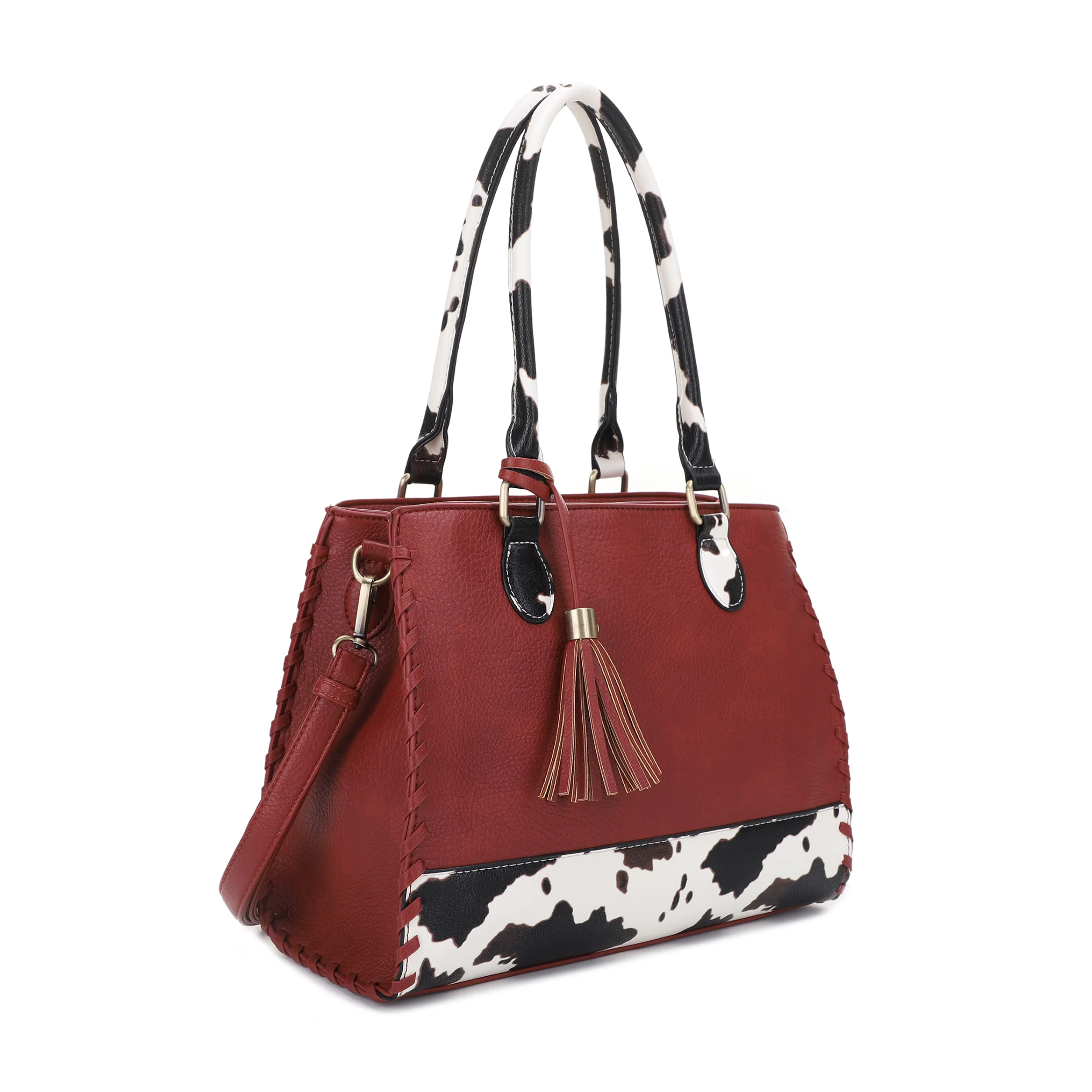 Montana Concealed Carry Lock and Key Whipstitch Cow Print Satchel Bag with Tassel - Image 32