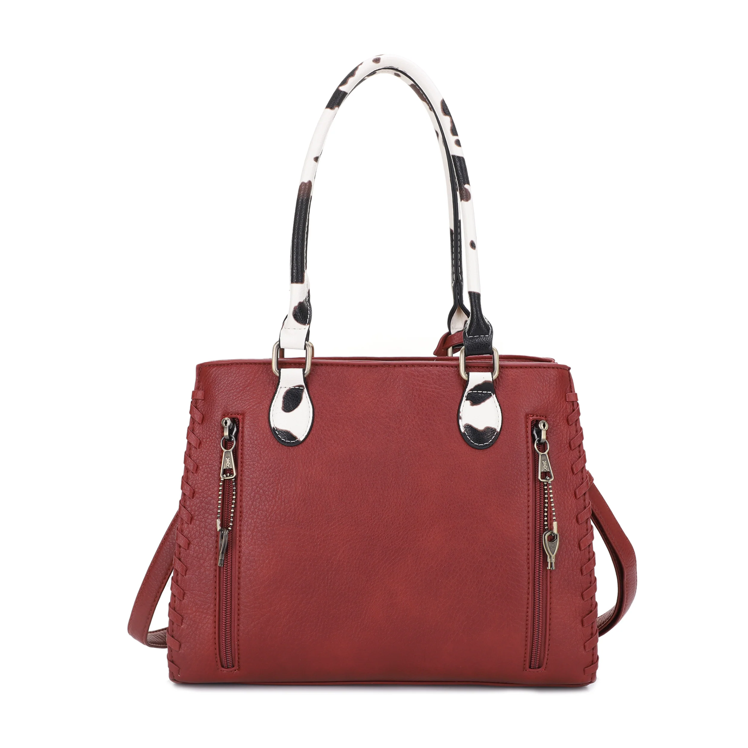 Montana Concealed Carry Lock and Key Whipstitch Cow Print Satchel Bag with Tassel - Image 34