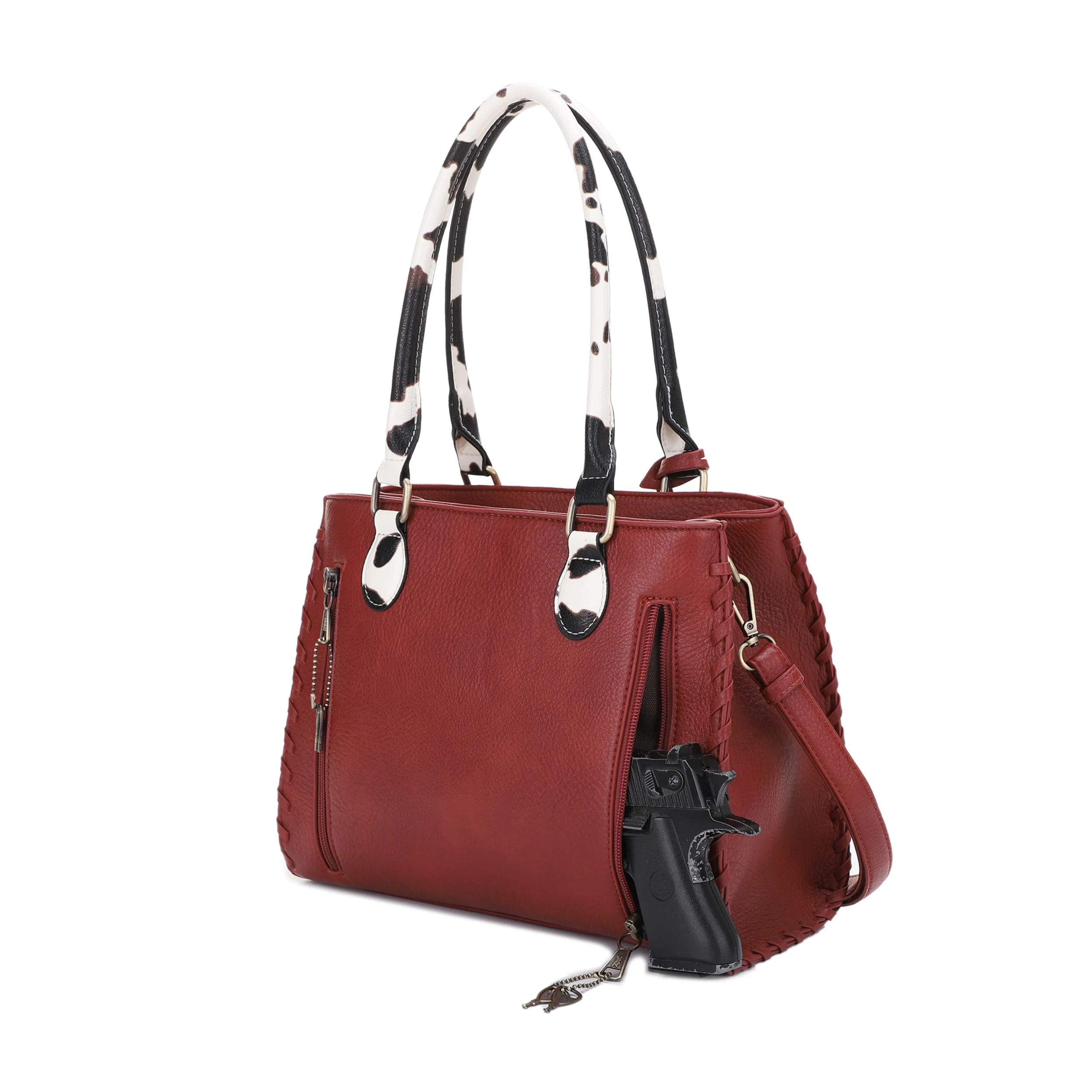 Montana Concealed Carry Lock and Key Whipstitch Cow Print Satchel Bag with Tassel - Image 36