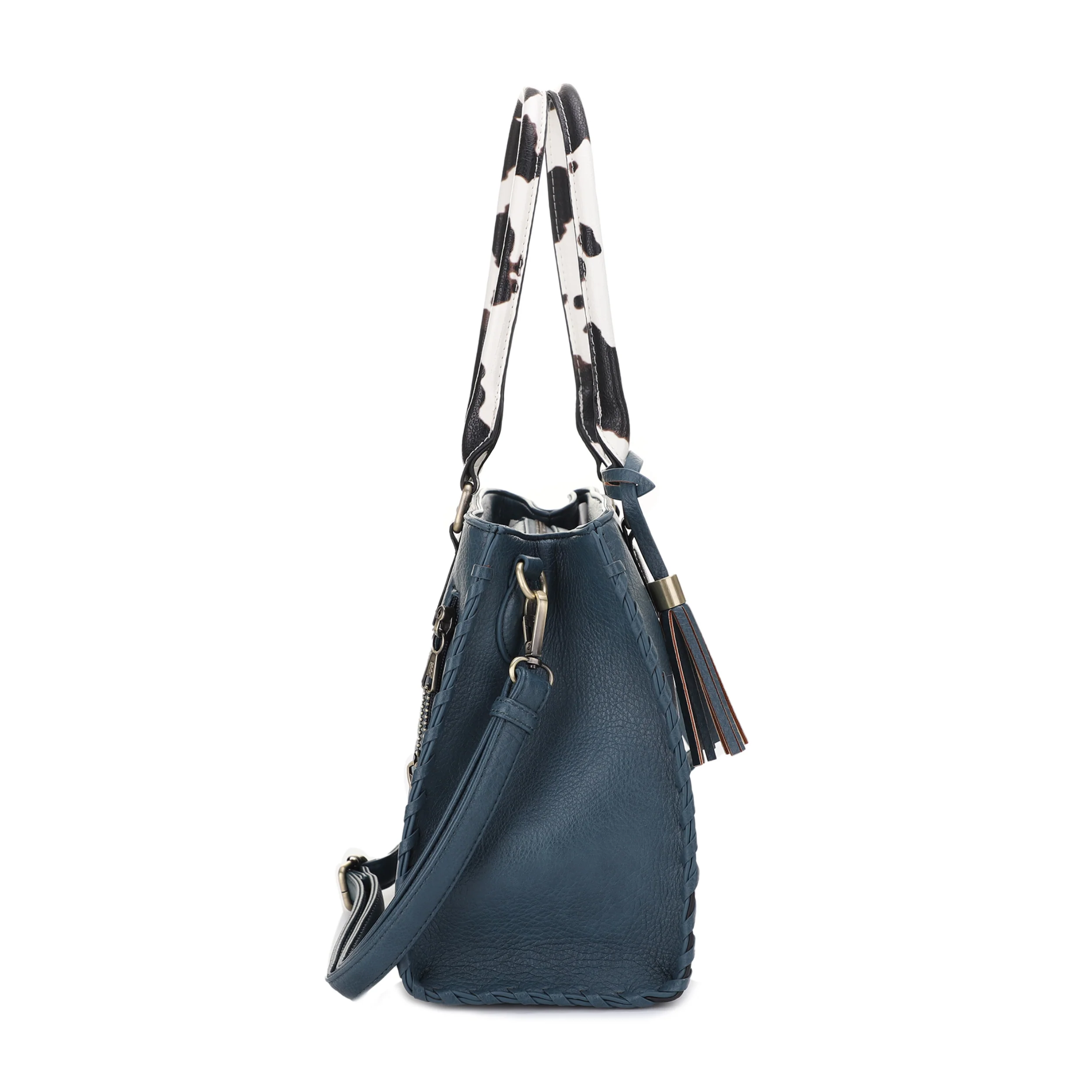 Montana Concealed Carry Lock and Key Whipstitch Cow Print Satchel Bag with Tassel - Image 5