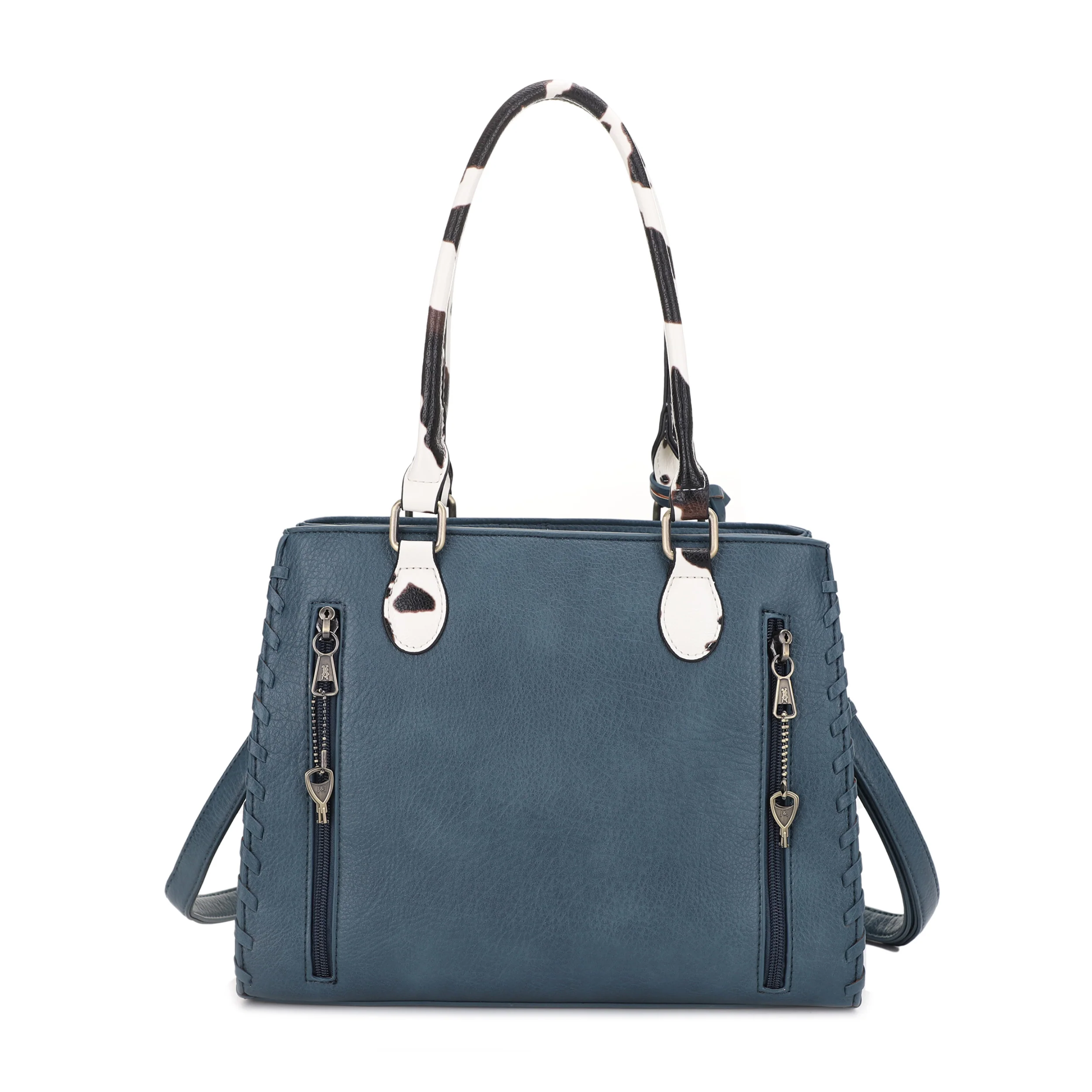 Montana Concealed Carry Lock and Key Whipstitch Cow Print Satchel Bag with Tassel - Image 6
