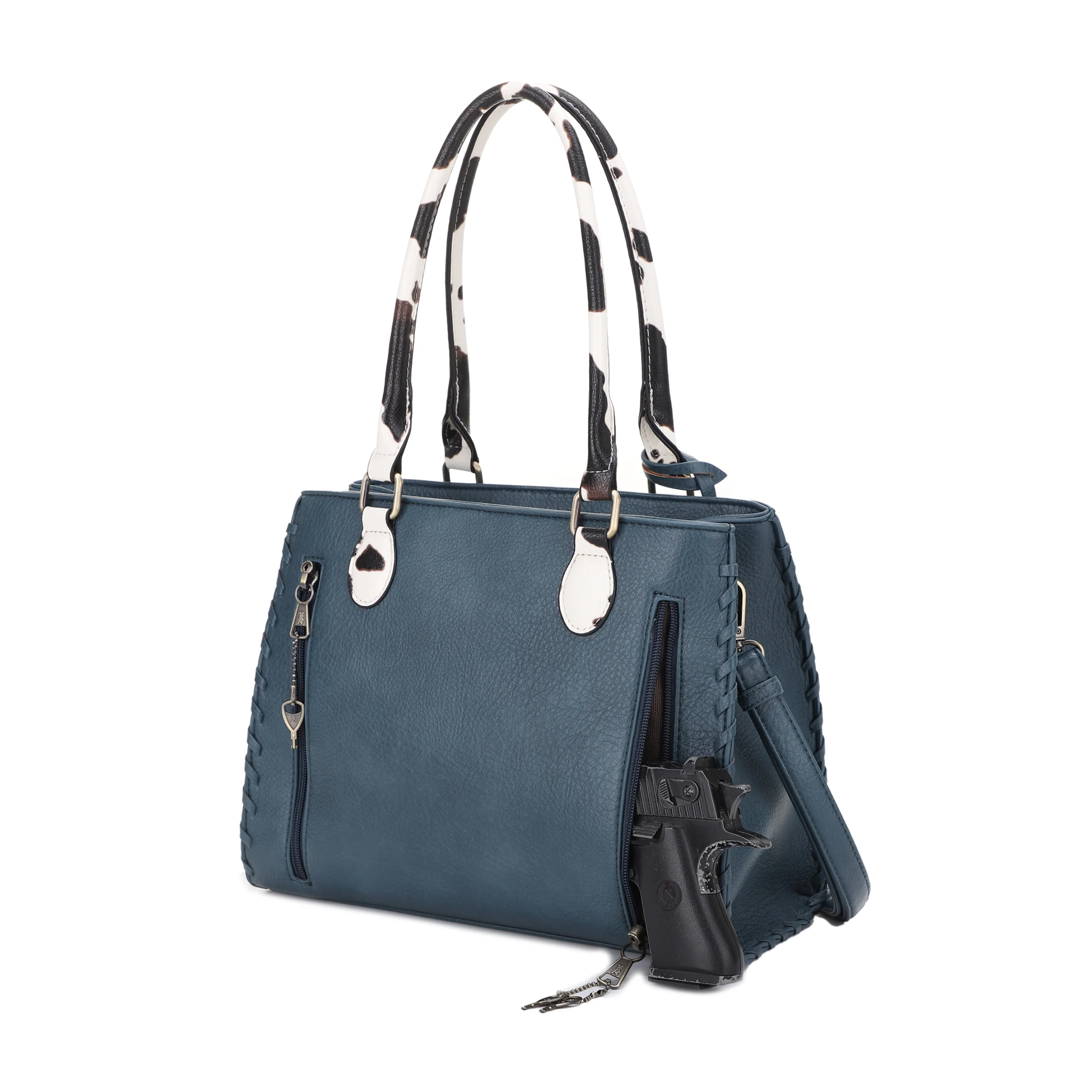 Montana Concealed Carry Lock and Key Whipstitch Cow Print Satchel Bag with Tassel - Image 7