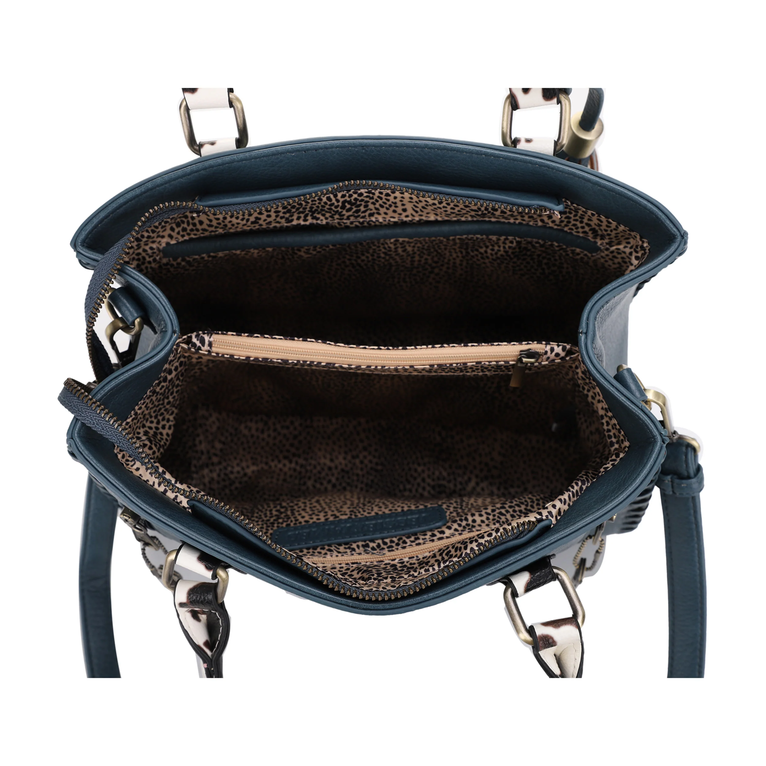 Montana Concealed Carry Lock and Key Whipstitch Cow Print Satchel Bag with Tassel - Image 8