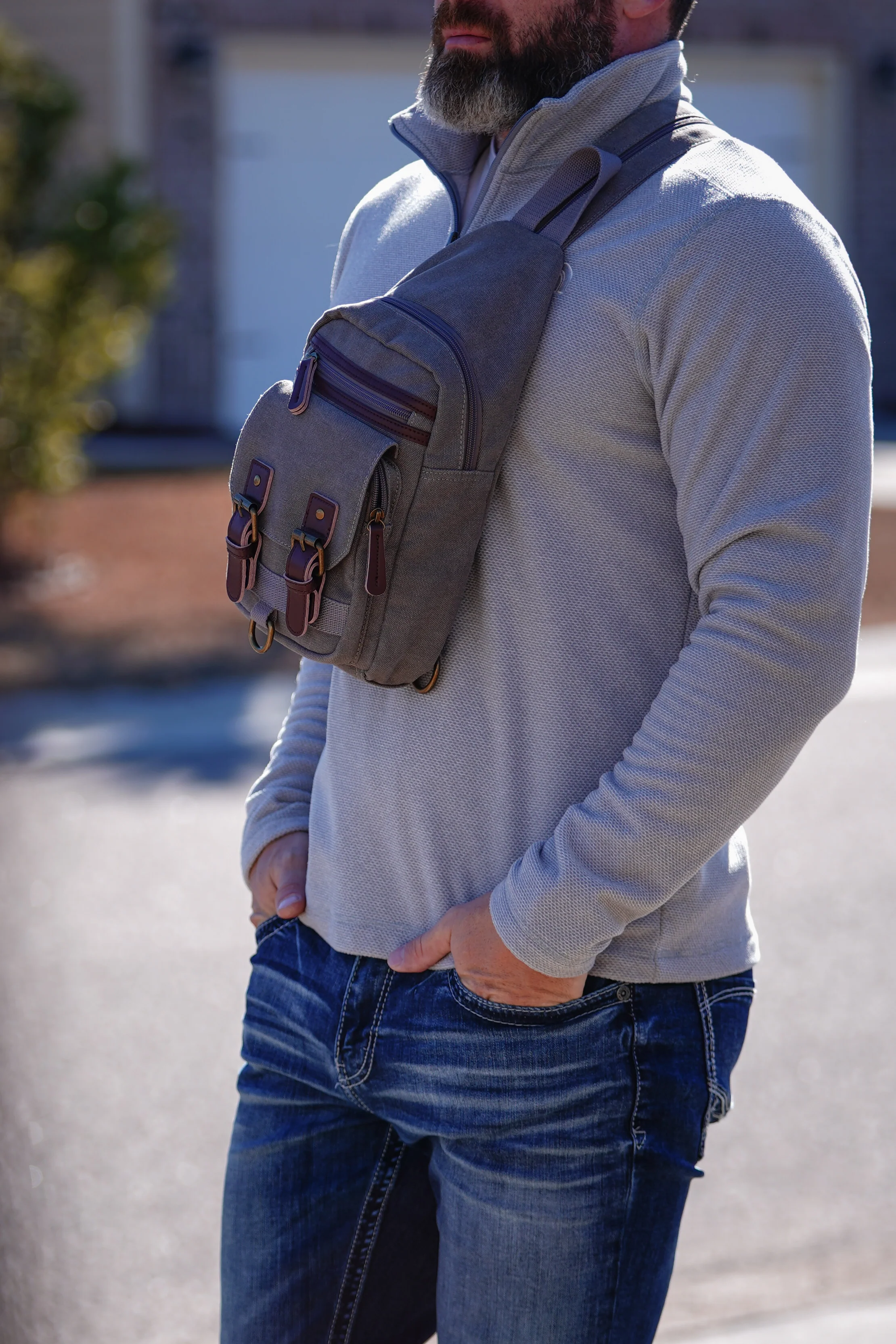 Shasta Unisex Canvas & Leather Concealed Carry Sling Bag - Image 20