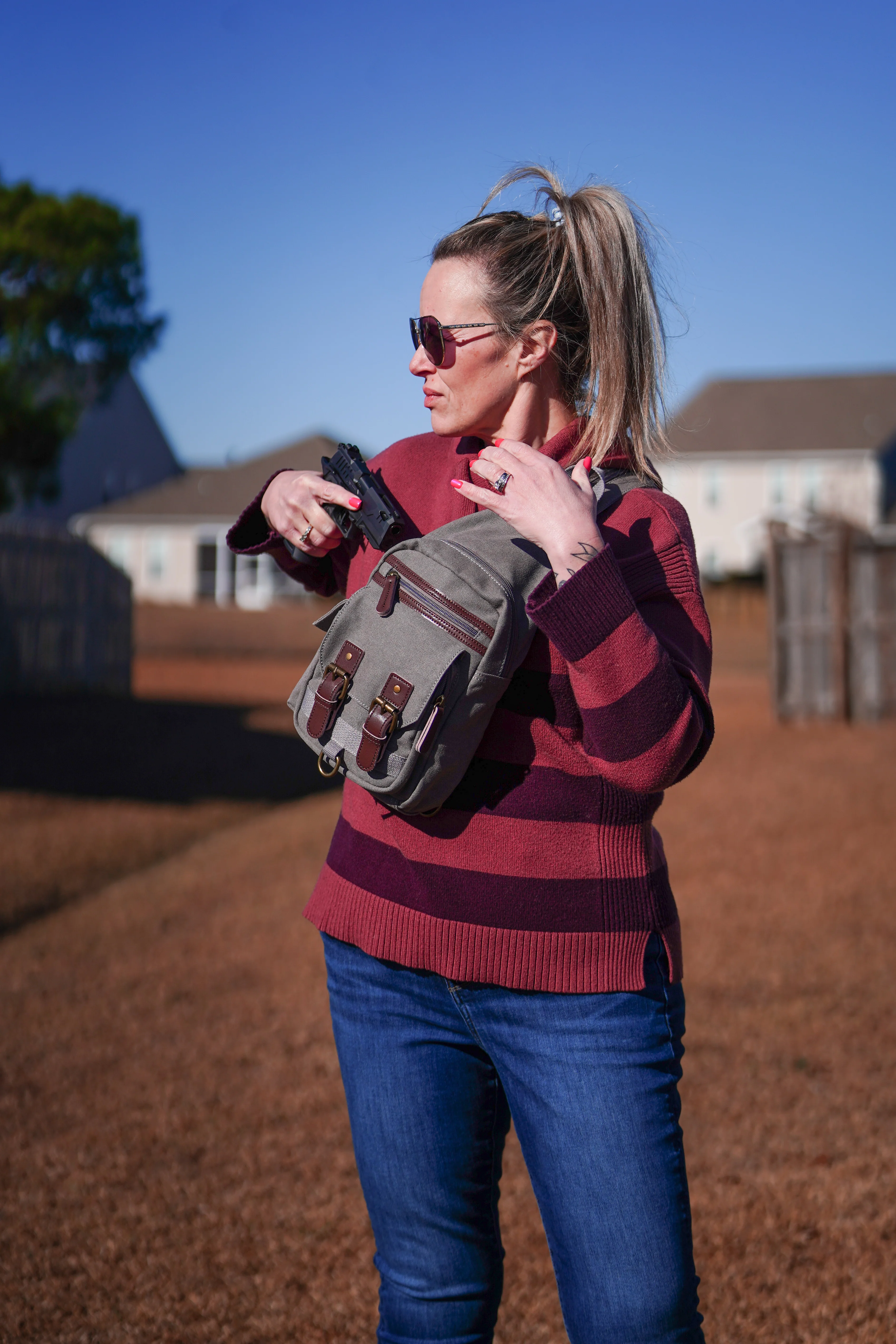 Shasta Unisex Canvas & Leather Concealed Carry Sling Bag - Image 39